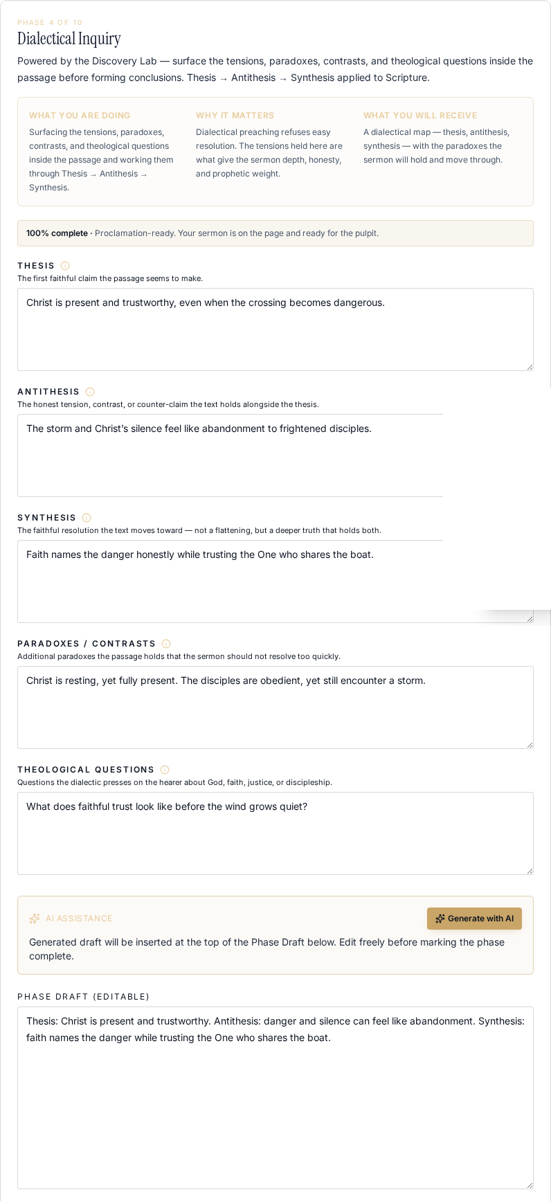 Screenshot of the AI Sermon Builder's Dialectical Inquiry phase, filled in with fictional demonstration content